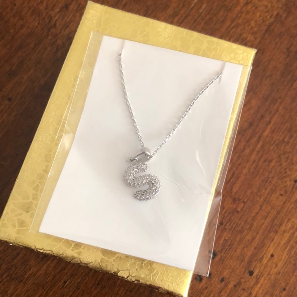 Sterling silver initial S faux diamond necklace